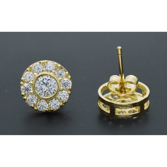 Real 10K Solid Yellow Gold 10mm Mens CZ Button Round Cut Stud Earrings 2.2gr - Picture 2 of 4
